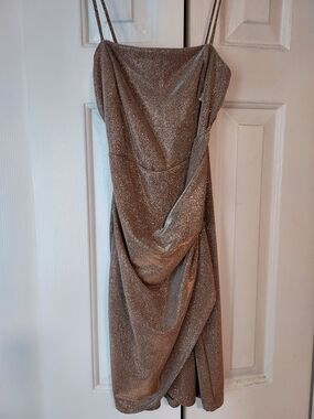chic Metallic Champagne Sparkle Draped Mini Dress